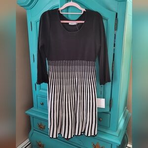 Calvin Klein Black and White Long Sleeve Striped Sweater Dress